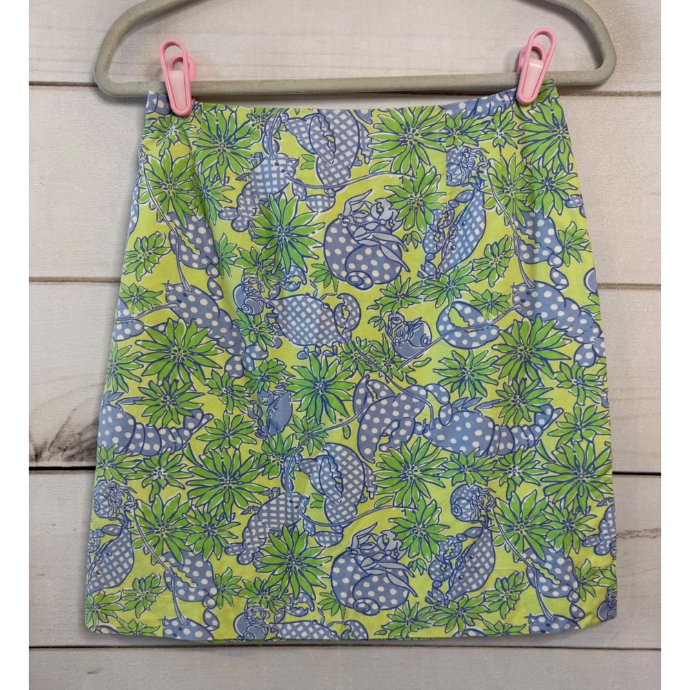 Lilly Pulitzer Womens Size 2 Lobster Print Mini Skirt Lime Green Blue Cotton